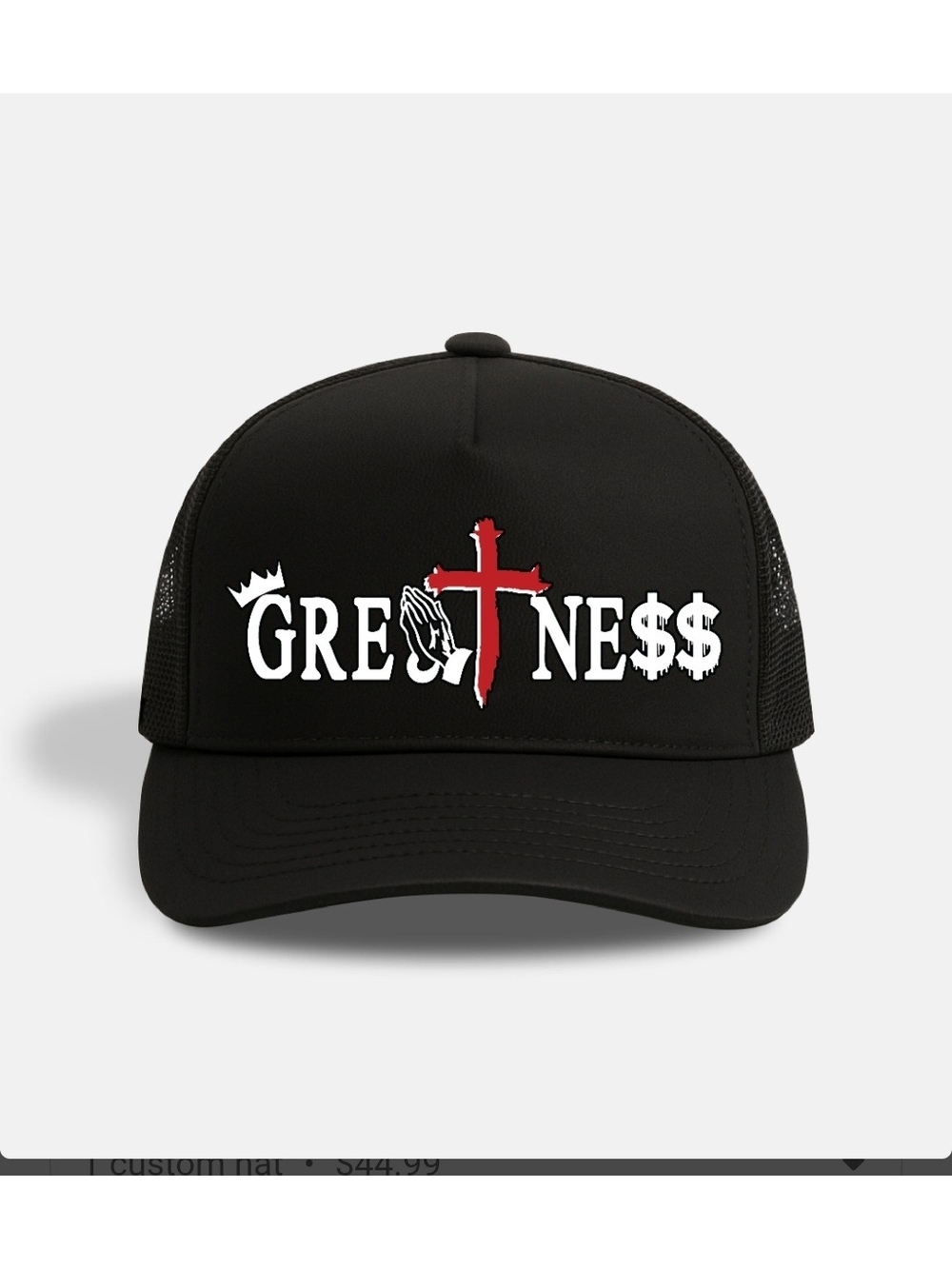Greatness Trucker Hat with Cross Graphic - Black Unisex Adult